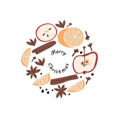 Christmas concept. hand drawn doodle ingredients for mulled wine in circle shape. whole orange and red apple, jar of honey, badian, cloves, cinnamon stick, whole pepper. gluhwein. isolated vector