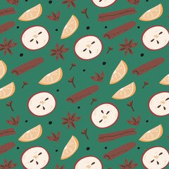 Christmas concept. seamless pattern with ingredients for mulled wine. whole orange and red apple, badian, cloves, cinnamon stick, whole pepper. gluhwein. isolated vector