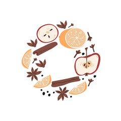 Christmas concept. hand drawn doodle ingredients for mulled wine in circle shape. whole orange and red apple, jar of honey, badian, cloves, cinnamon stick, whole pepper. gluhwein. isolated vector