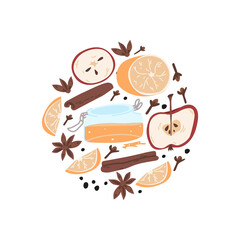 Obraz na płótnie Canvas Christmas concept. hand drawn doodle ingredients for mulled wine in circle shape. whole orange and red apple, jar of honey, badian, cloves, cinnamon stick, whole pepper. gluhwein. isolated vector