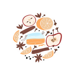 Christmas concept. hand drawn doodle ingredients for mulled wine in circle shape. whole orange and red apple, jar of honey, badian, cloves, cinnamon stick, whole pepper. gluhwein. isolated vector