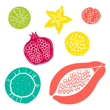 Set of tropical fruits slices. Colorful paper cut collection of fruits and berries isolated on white background. Doodle hand drawn fruits. Vector illustration