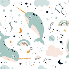 seamless pattern with narwhals in space. Cute Scandinavian design. Vector illustration