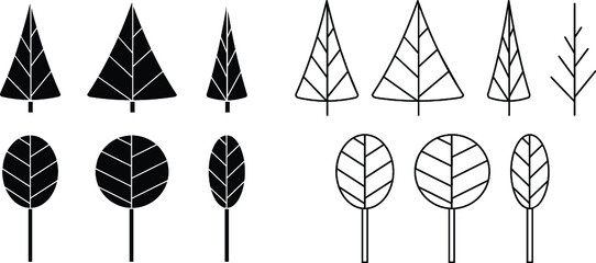 Simple Stylized Trees with Lines Clipart Set - Outline and Silhouette