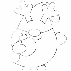 Little christmas Gnome in reindeer horn. Draw illustration in black and white
