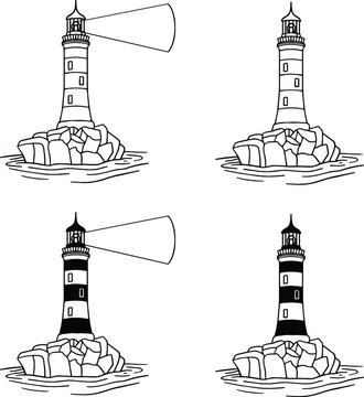 Lighthouse on the Coast Clipart Set - Outline and Stamp