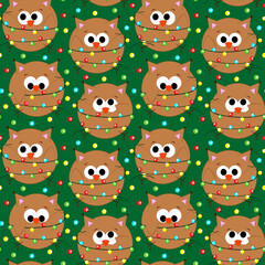 Seamless vector pattern with cute cartoon owl with christmas garland