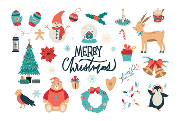 Christmas and New Year collection of cute animals and seasonal elements. Isolated a white background. Hand drawn vector illustration