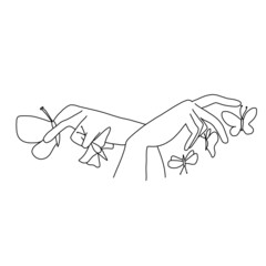 Woman hand with butterfly logo. Woman's hand with a butterfly sitting on her finger.