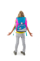 1-september concept. Back to school. Back view of little girl confusing. Shocked young girl with hands up. Full length. Isolated on white background. 
