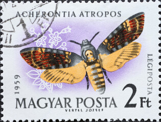 Hungary circa 1959: A post stamp printed in Hungary showing a butterfly: Death's-head Hawk-moth...