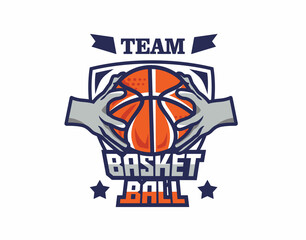 modern hold hand Basketball ball logo for teams and events