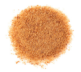 Coconut sugar isolated on white background. Brown unrefined coconut palm sugar. Top view.