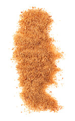 Coconut sugar isolated on white background. Brown unrefined coconut palm sugar. Top view.