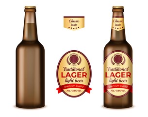 Realistic Detailed 3d Empty Template Mockup Brown Glass Beer Bottle and with Labels Set. Vector illustration of Neck Label for Bottles Retail