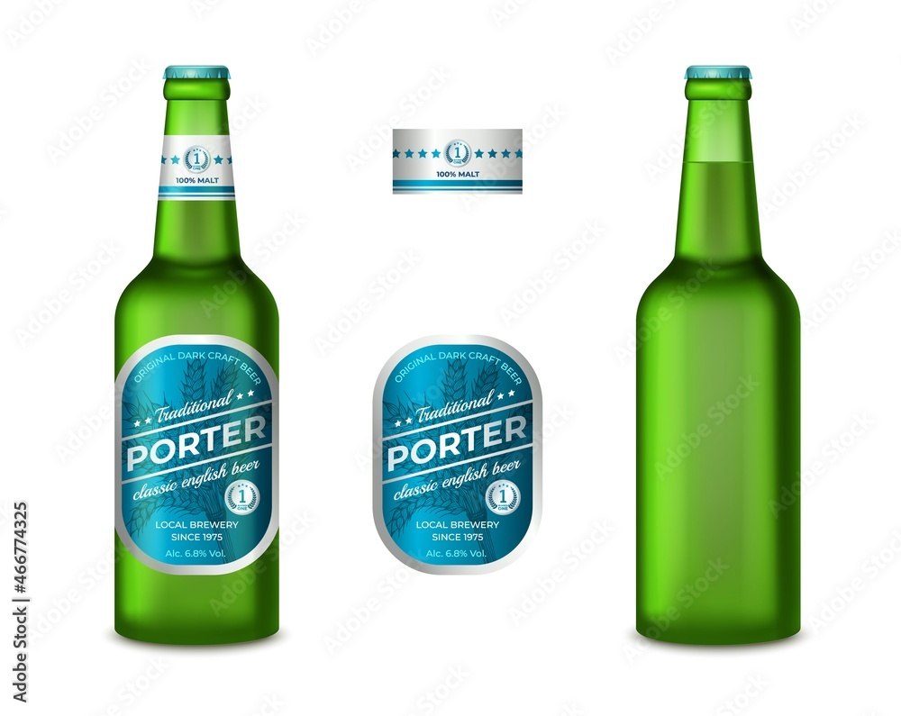 Canvas Prints Realistic Detailed 3d Empty Template Mockup Gren Glass Beer Light Bottle and with Labels Set. Vector illustration of Neck Label for Bottles Retail