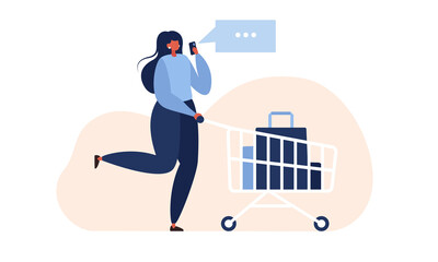 Woman with a grocery cart talking on the phone. Woman shopping. Vector flat illustration.	