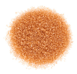 Brown sugar isolated on white background. Heap of cane sugar crystals. Top view.