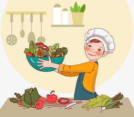 Cute boy cooking salad in the kitchen