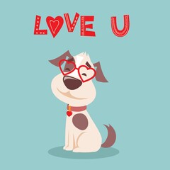 Vector illustration set of cute and funny cartoon Valentine dogs-pupies in love with heart, rose, wings and balloon