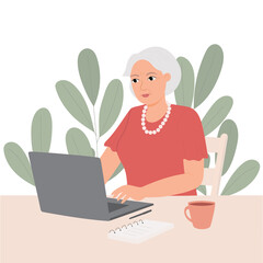 Happy granny with laptop on background of green plants. Business elderly woman is working, communicating, watching video, vector illustration.