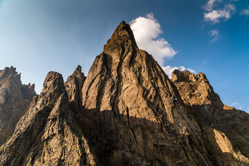 The Crimean Peninsula. July 21, 2021. Picturesque view of the high cliffs at Cape Karagach from the Black Sea.