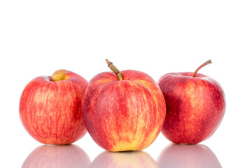 Fototapeta na wymiar Three juicy red apples, close-up isolated on white.