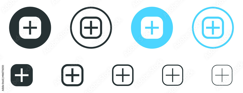 Poster Add, new, plus icon symbol - create icons, more button in filled, thin line, outline and stroke style for apps and website