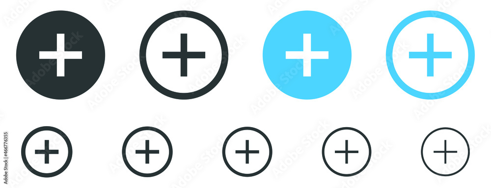 Poster Add, new, plus icon symbol - create icons, more button in filled, thin line, outline and stroke style for apps and website