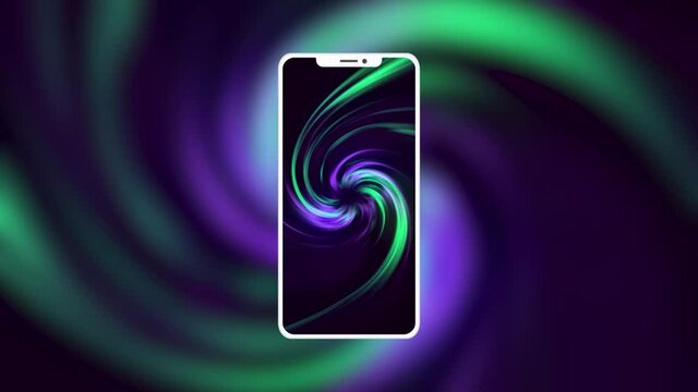 Beautiful purple and green rotating spiral pattern and a silhouette of a modern smartphone. Motion. Presentation of a new phone design.