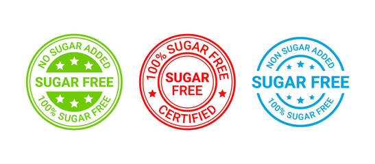 Obraz premium Sugar free rubber stamp icon. No sugar added badge. Set of diabetic round labels. Certified sticker. Emblem for packaging. Green red blue seal imprint isolated on white background. Vector illustration