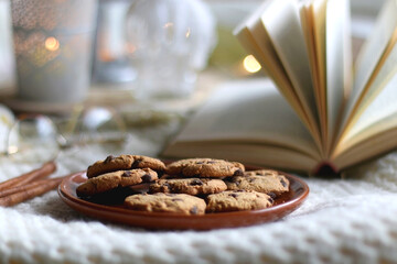 Plate of chocolate chip cookies, cinnamon sticks, soft blanket, open book and lit candles. Hygge at home. Selective focus.