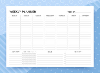 Weekly planner. Timetable with habit tracker, goals and to do list. Week starts Sunday. Vector illustration. Homework organizer template. Journal schedule page. Blank diary, landscape orientation, A4