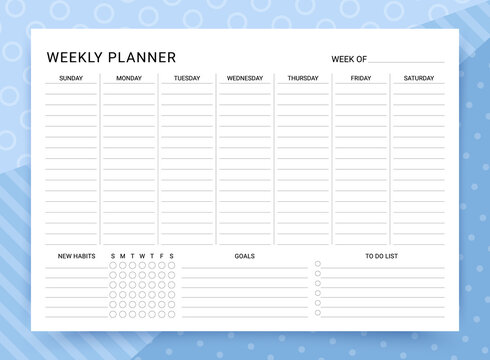 Weekly planner. Timetable with habit tracker, goals and to do list. Week starts Sunday. Vector illustration. Homework organizer template. Journal schedule page. Blank diary, landscape orientation, A4