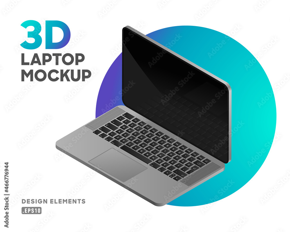 Poster 3D isometric computer laptop mockup. Blank screen for use business, financial, statistic presentations. Modern networking flat material design elements 3D.