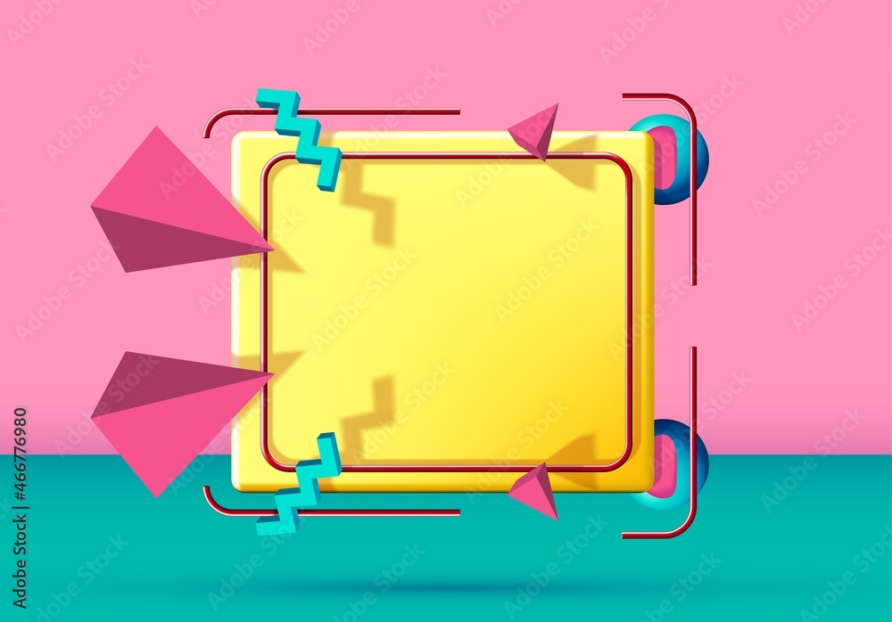 Poster Abstract 90s styled frame with flying 3d objects and shapes. Pink and green background.