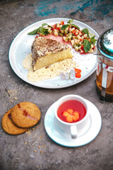 dessert sponge cake with condensed milk and berries