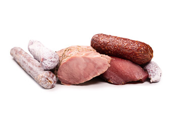 Various of meat, smoked meat, sausage, salami isolated on a white.