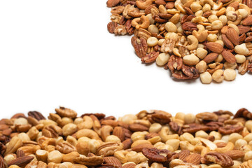 Mix of nuts isolated on white background. Top view.