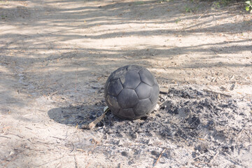 Old black soccer ball in the ashes of a campfire