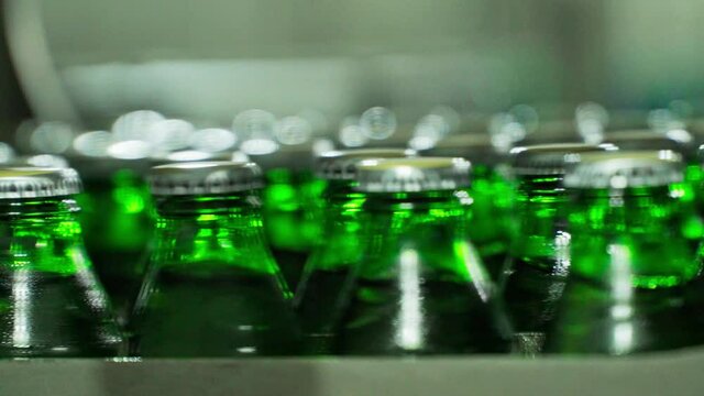 Soda bottles with caps on a conveyor belt
