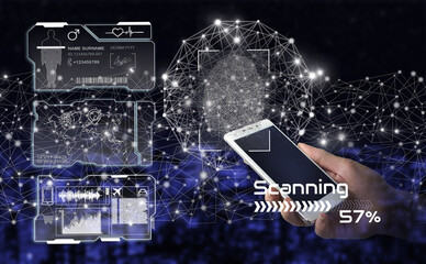 Fingerprint scanning of biometric identity and approval. Hand hold white smartphone with digital hologram fingerprint sign and collage with data charts on virtual screen on city dark blurred back.