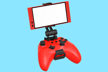 Realistic red joystick for playing games on mobile phone on blue background