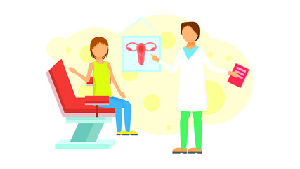 Abstract Flat Woman In Gynecological Chair At A Gynecologist's Appointment Medic Cartoon People Character Man Concept Illustration Vector Design Style Healthcare Diagnosis Clinic