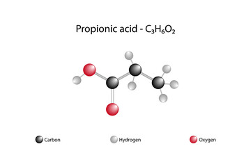 Molecular formula of propionic acid. Propionic acid is a naturally occurring carboxylic acid.