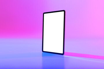 Tablet pc with space for app or website on empty white screen in neon light. Mockup