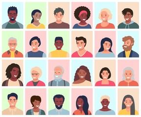 Set of persons, avatars, people heads of different ethnicity and age in flat style. Multi nationality social networks people faces collection. - 466779372