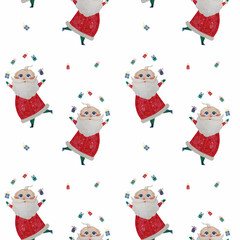 Christmas Seamless pattern. Cute Santa Claus with gifts on on white background. Watercolor. Hand drawing for kids collection, New Years decor, packaging, wallpaper and design.