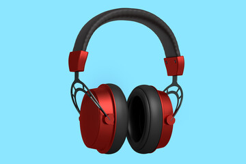 3D rendering of red gaming headphones for cloud gaming and streaming on blue