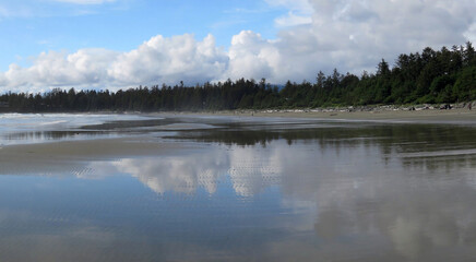 Clouds reflected in the wet sand